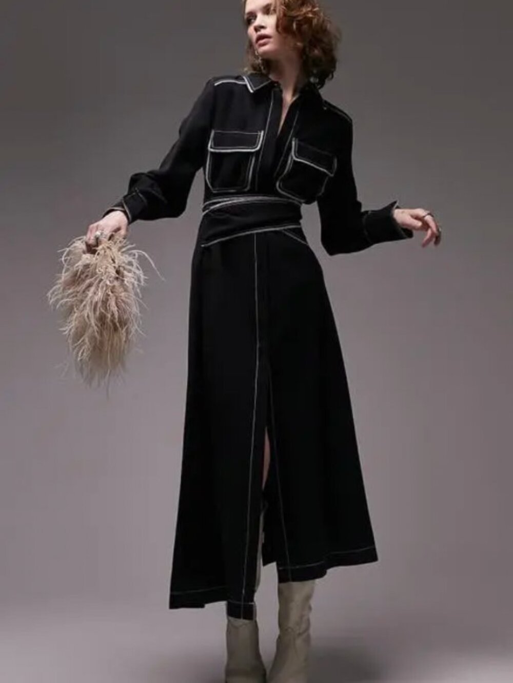 Topshop Contrast Seam Long Sleeve Belted Midi Shirtdress Size 14 Women's